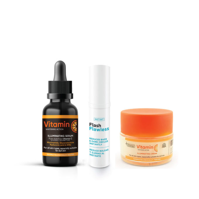 Pack Skincare: Serum Facial Vitamina C, Crema Facial Hidratante Vitamina C y Reductor de Bolsas y Ojeras Flash Flawless