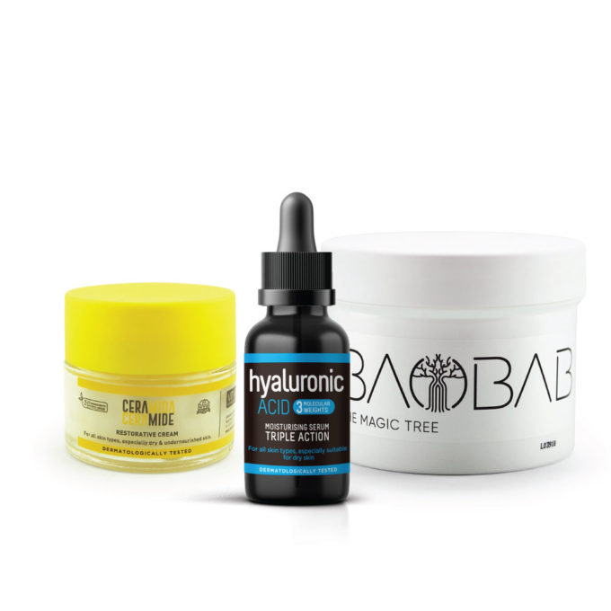 Skincare Bodycare Pack: Serum Ácido Hialurónico, Crema facial hidratante Ceramida y Crema Corporal Baobab